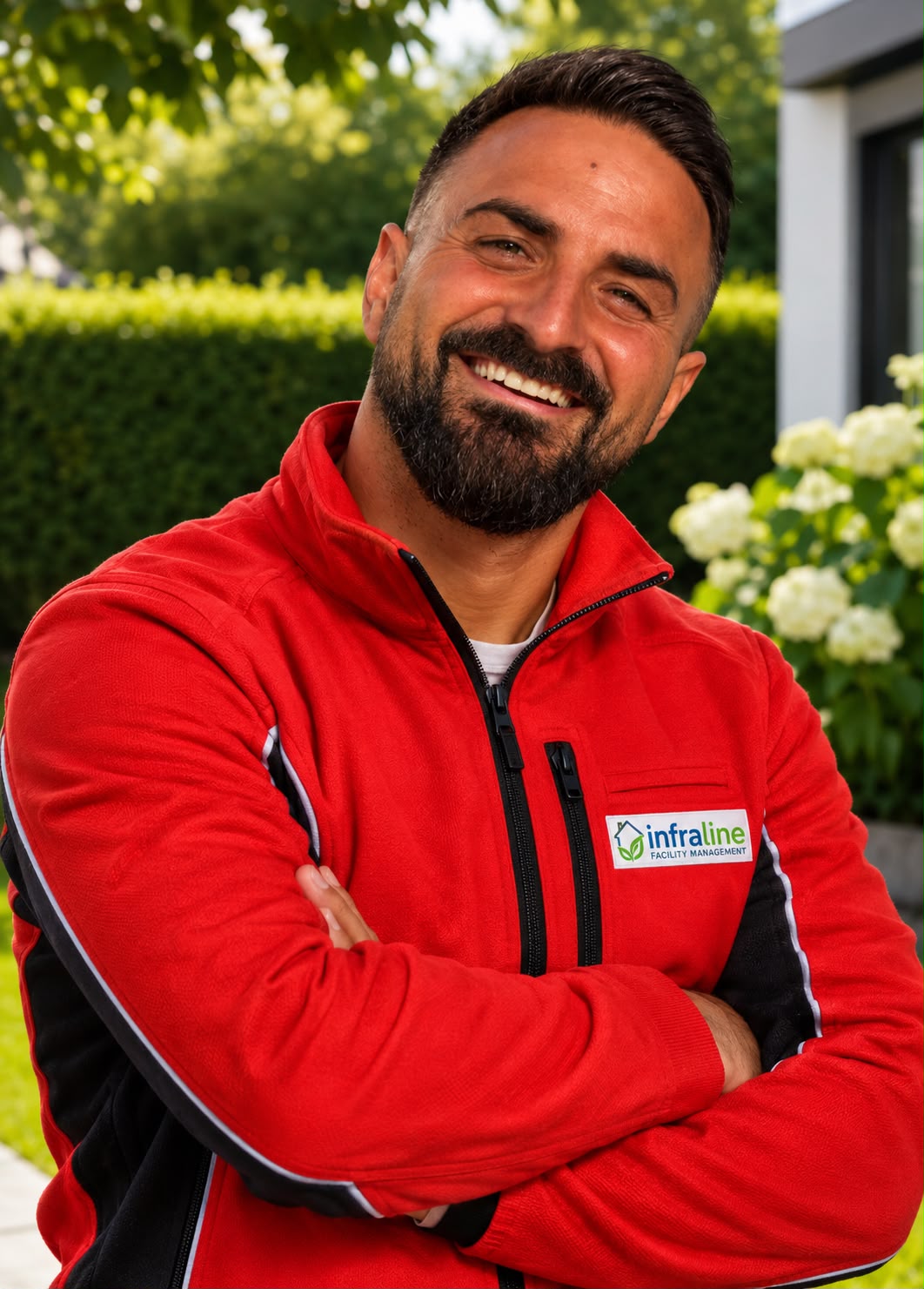 Mattia Secli in roter Infraline-Arbeitsjacke